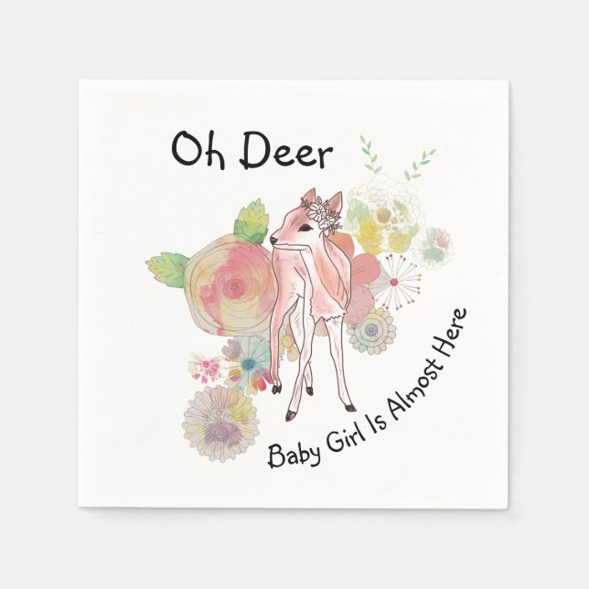 Oh Deer Baby Girl Almost Here Pastel Flowers  Napkins (Front)
