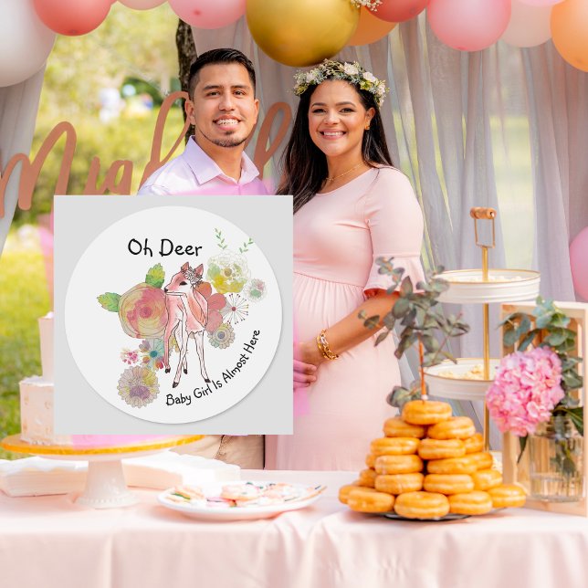 Oh Deer Baby Girl Almost Here Pastel Wildflowers  Classic Round Sticker (Oh Deer, Baby Girl Is Almost Here Favor Round Stickers)