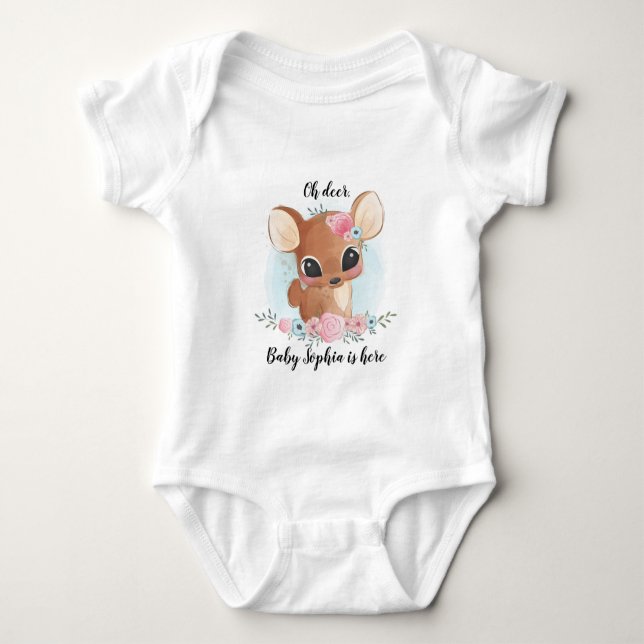 Oh Deer Baby is Here Birthday Baby Bodysuit (Front)