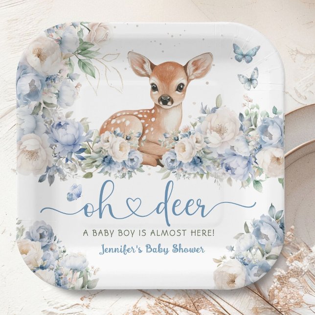 Oh Deer Baby Shower Boy Dusty Blue Paper Paper Plates (Creator Uploaded)