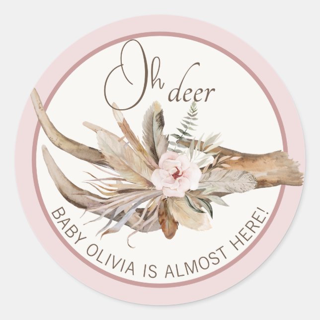 Oh Deer Baby Shower Favor Sticker – Pink Woodland  (Front)