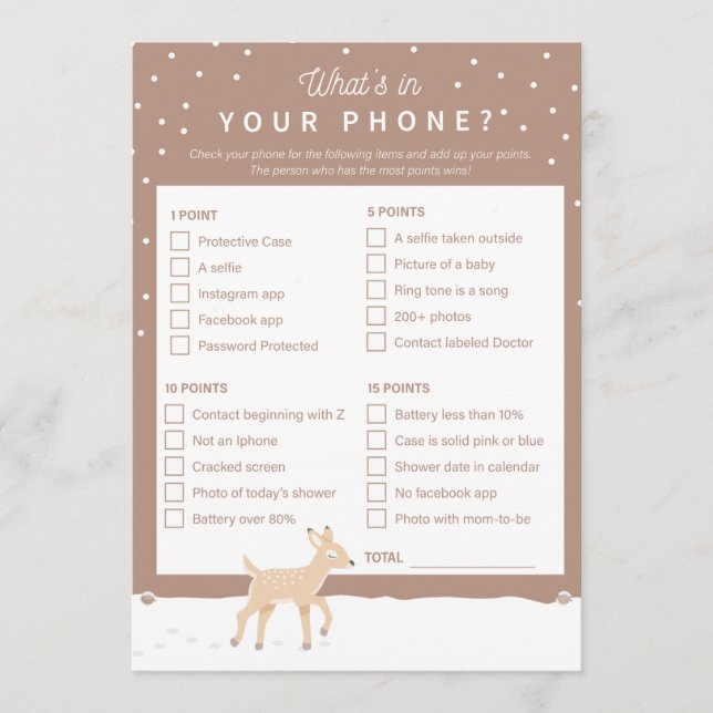 Oh Deer - Baby Shower Game - Whats in your phone? Program (Front)
