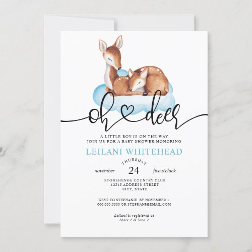 Oh Deer Baby Shower Watercolor Blue Cloud Invitation