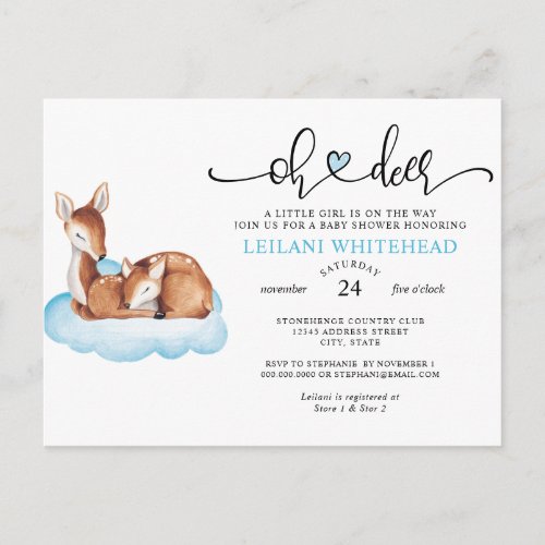 Oh Deer Baby Shower Watercolor Blue Cloud Postcard