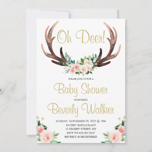 Oh Deer Baby Shower Watercolor Botanical Floral Invitation