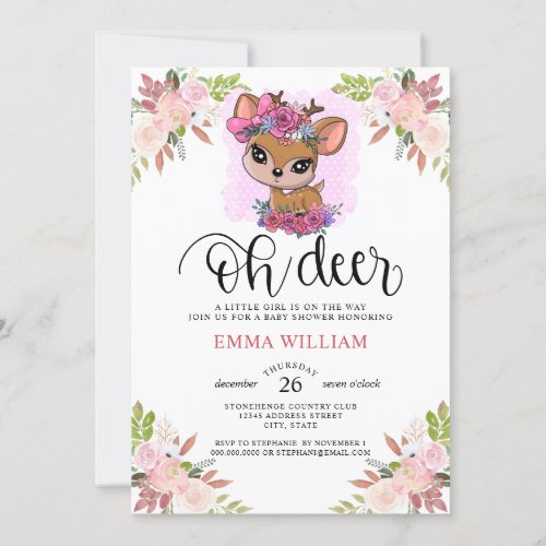 Oh Deer Baby Shower Watercolor Botanical Floral Invitation