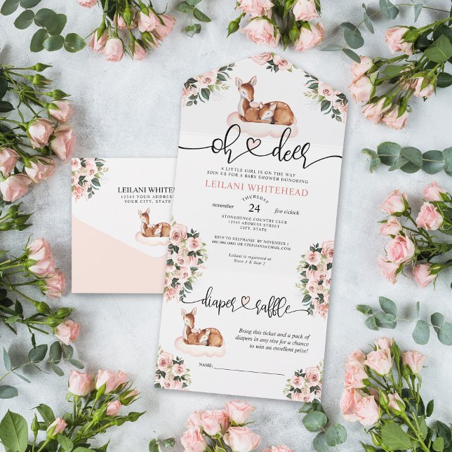 Oh Deer Baby Shower Watercolor Floral All In One I All In One Invitation