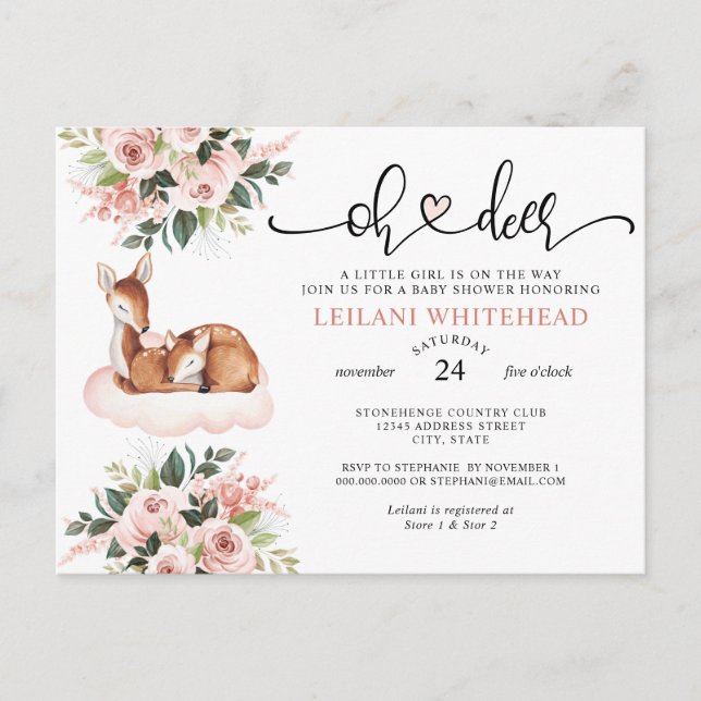 Oh Deer Baby Shower Watercolor Floral Invite (Front)