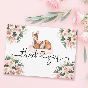 Oh Deer Baby Shower Watercolor Pink Floral Thank You Card
