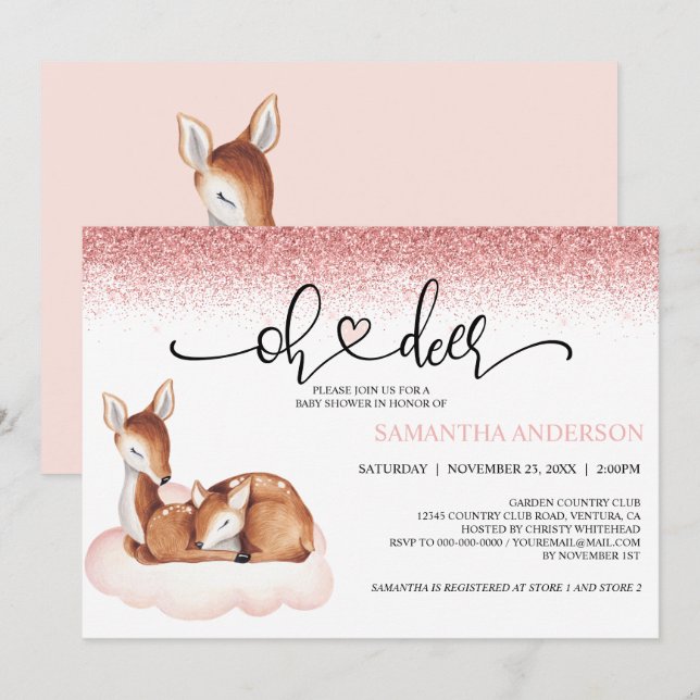 Oh Deer Baby Shower Watercolor Pink Glitter Invitation (Front/Back)