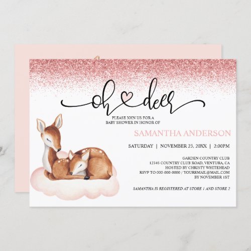 Oh Deer Baby Shower Watercolor Pink Glitter Invitation