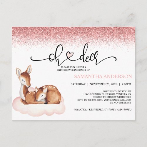 Oh Deer Baby Shower Watercolor Pink Glitter Invite