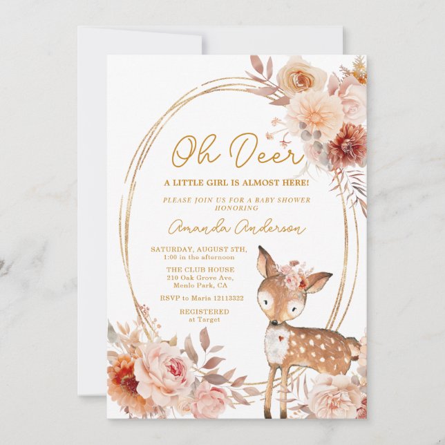 Oh Deer Beige Floral Baby Shower invitation (Front)