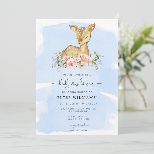 Oh Deer Blue Boy Baby Shower Invitation (Standing Front)
