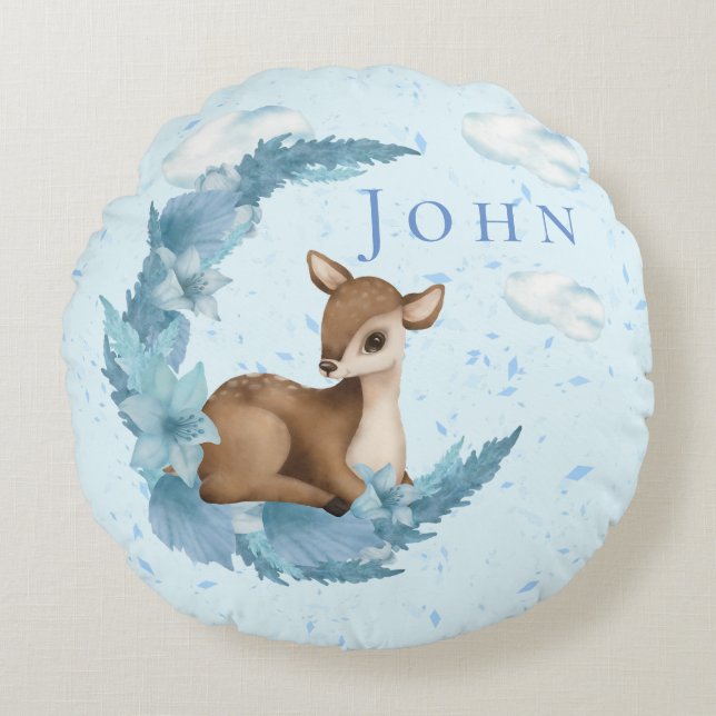 Oh, Deer & blue Clouds Dust Baby boy Nursery Throw Round Pillow (Front)