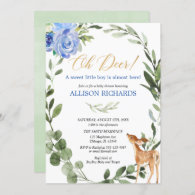 Oh deer blue gold eucalyptus boy baby shower invitation