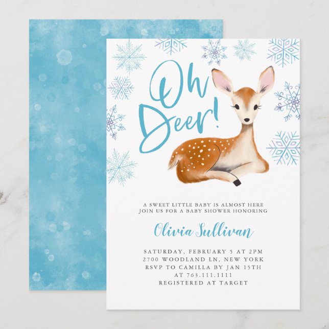 Oh Deer Blue Winter Baby Shower Invitation (Front/Back)