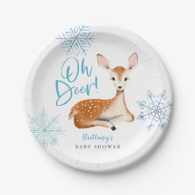 Oh Deer Blue Winter Wonderland Baby Shower Paper Plates (Front)