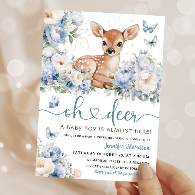 Oh Deer Boy Baby Shower Dusty Blue Invitation (Creator Uploaded)