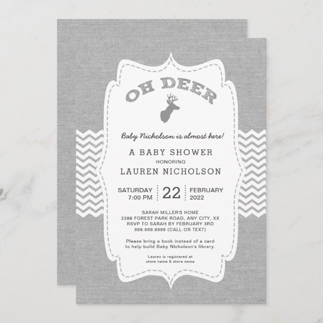 OH DEER Buck Baby Shower, rustic gray white Invitation (Front/Back)