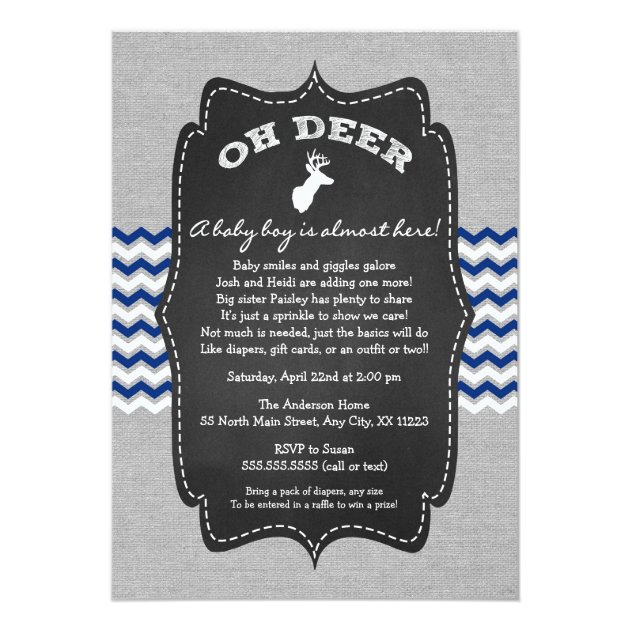 Oh Deer Buck Baby Sprinkle Navy Gray White Invitation