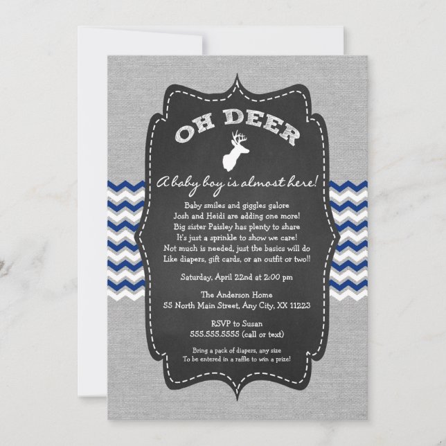 Oh Deer Buck Baby Sprinkle navy gray white Invitation (Front)