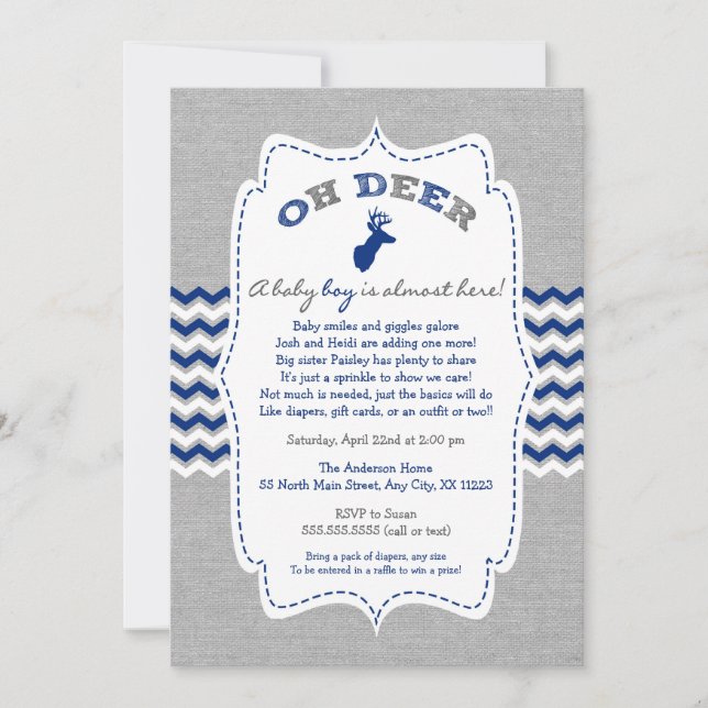 Oh Deer Buck Baby Sprinkle navy grey white Invitation (Front)
