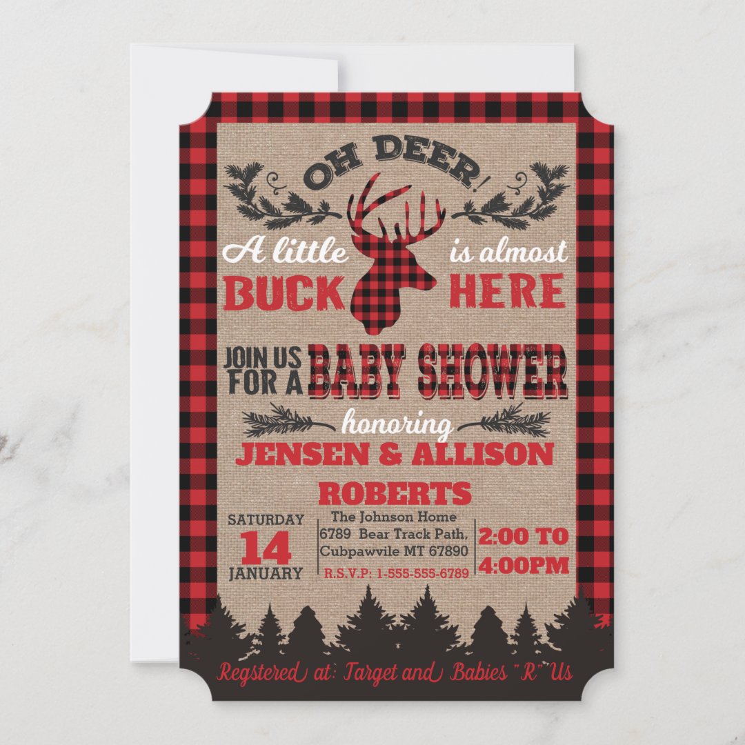 Oh Deer Buffalo Plaid Baby Shower Invitation | Zazzle