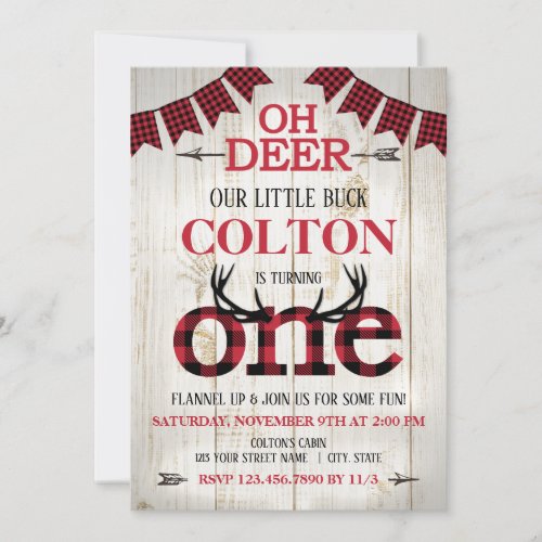 Oh Deer Buffalo Plaid Our Little Buck Birthday Invitation