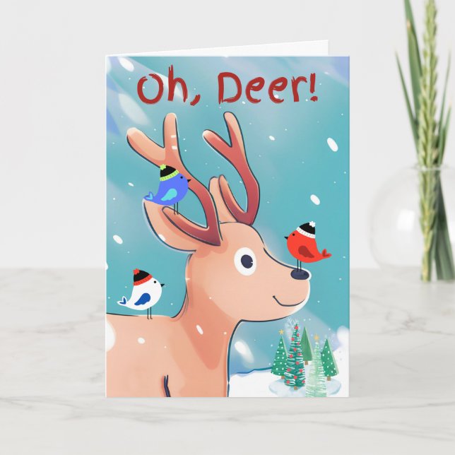 Oh Deer Christmas Cute Baby Deer in the Snow Card (Front)