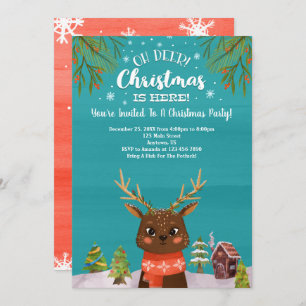 Oh Deer Christmas Is Here Blue Red Invitation