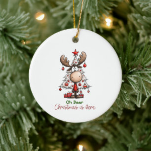Oh Deer Christmas Is Here Cute Reindeer Christmas Ceramic Ornament