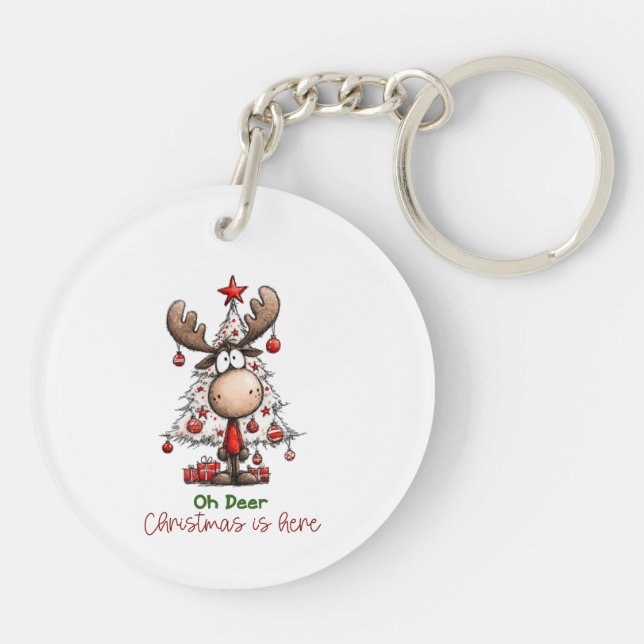 Oh Deer Christmas Is Here Cute Reindeer Christmas Keychain (Back)