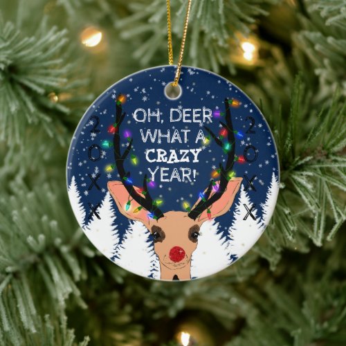 Oh Deer Crazy Year Reindeer Lights Christmas Ceramic Ornament