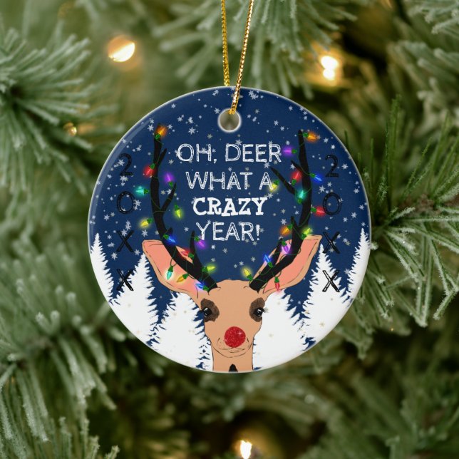 Oh Deer Crazy Year Reindeer Lights Christmas Ceramic Ornament (Tree)