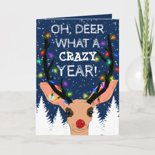 Oh Deer Crazy Year Reindeer Lights Christmas Holiday Card