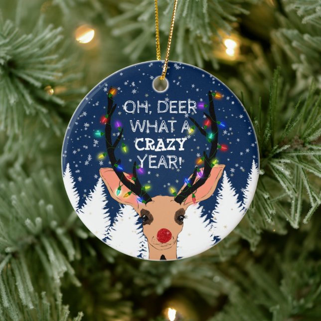 Oh Deer Crazy Year Reindeer Lights Christmas Snowy Ceramic Ornament (Tree)