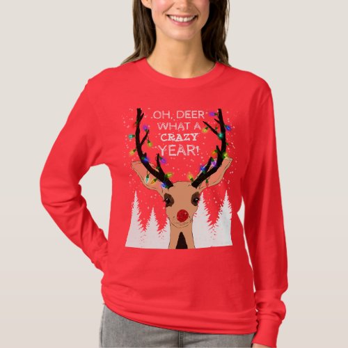 Oh Deer Crazy Year Reindeer Lights Christmas T_Shirt