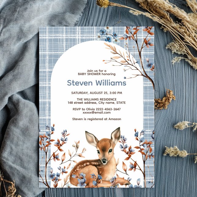 Oh deer cute forest rustic florals baby shower invitation (Oh deer rustic blue florals with cute forest deer baby shower invitation, gender neutral, woodland )