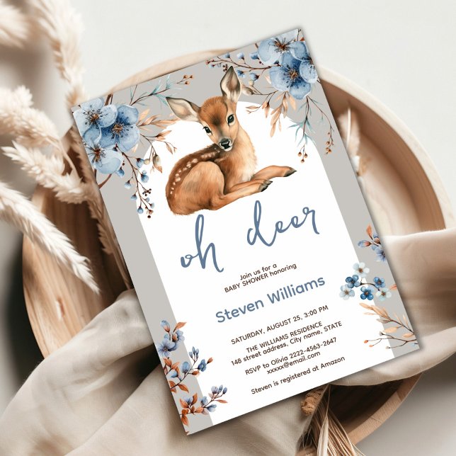 Oh deer cute forest rustic florals baby shower invitation (Oh deer rustic blue florals with cute forest deer baby shower invitation, gender neutral, woodland )