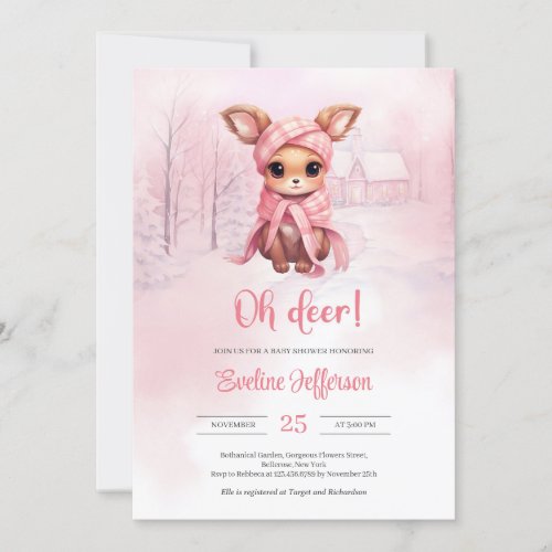 Oh deer Cute little pink deer in winter forest Invitation