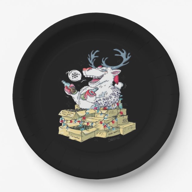 Oh Deer Drunk Reindeer Celebrating Christmas Festi Paper Plates (Front)