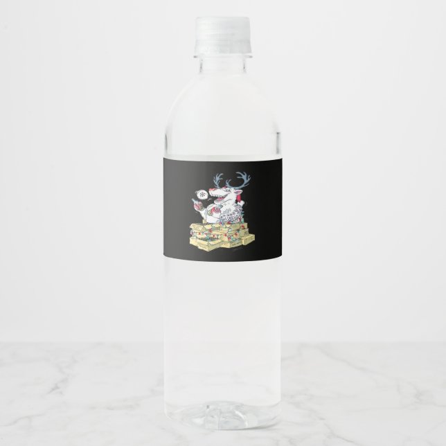 Oh Deer Drunk Reindeer Celebrating Christmas Festi Water Bottle Label (Front)
