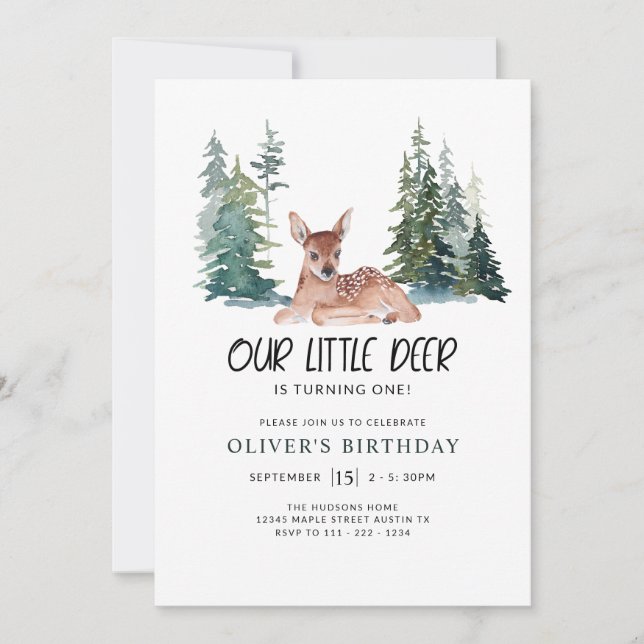 Oh Deer First Birthday Party Woodland Pine  Invitation (Front)