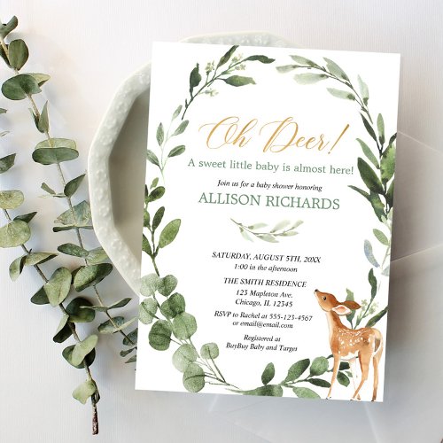 Oh deer gender neutral greenery gold baby shower invitation