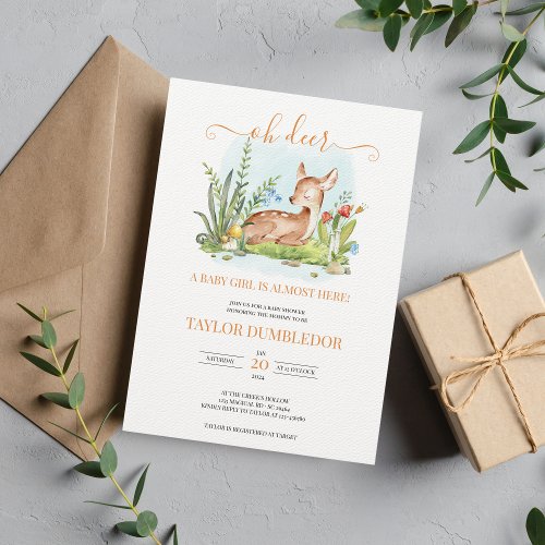 Oh deer Girl Baby Shower Flowers Spring Invitation