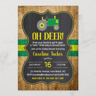 Oh Deer Green Tractor Baby Shower Invitation