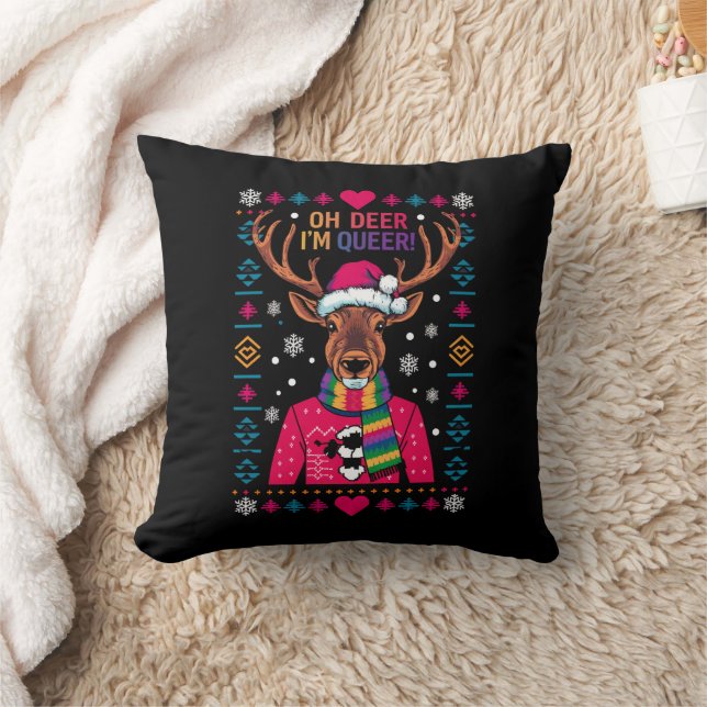 Oh Deer I'm Queer LGBT LGBTQ Gay Pride Ugly Xmas Throw Pillow (Blanket)