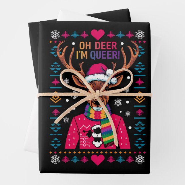 Oh Deer I'm Queer LGBT LGBTQ Gay Pride Ugly Xmas Wrapping Paper Sheets (In situ)