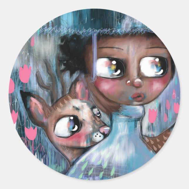 Oh! Deer It Is Raining Classic Round Sticker (Front)